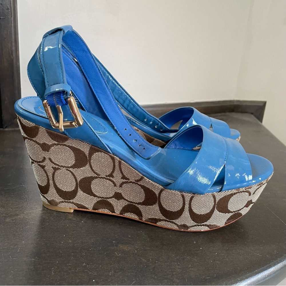 Coach Blue and Tan logo Wedge Sandals - Picture 9 of 12